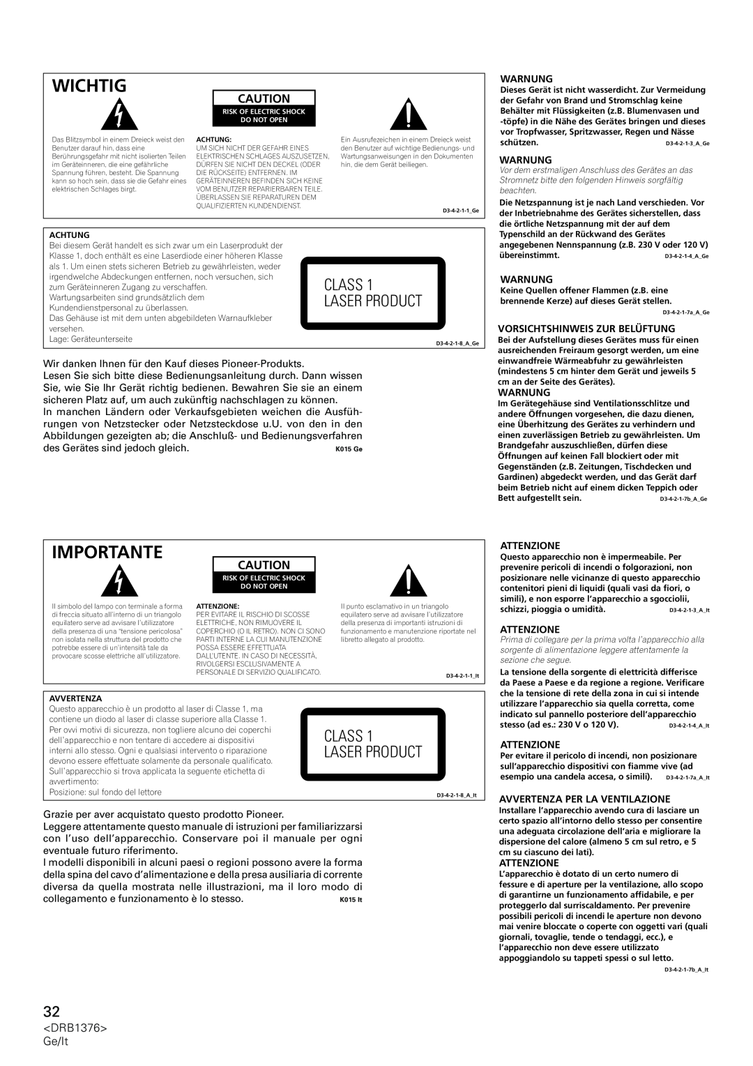 Pioneer CDJ-200 manual Wichtig, Importante, Class Laser Product, Warnung, Vorsichtshinweis Zur Belüftung, Attenzione 