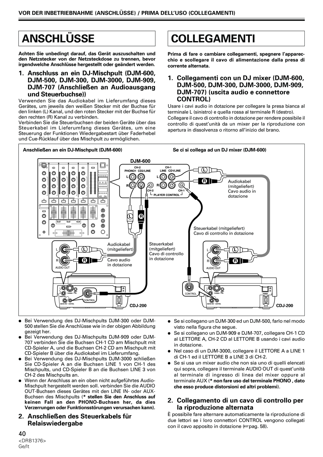 Pioneer CDJ-200 manual Anschlüsse, Collegamenti, und Steuerbuchse, Control 