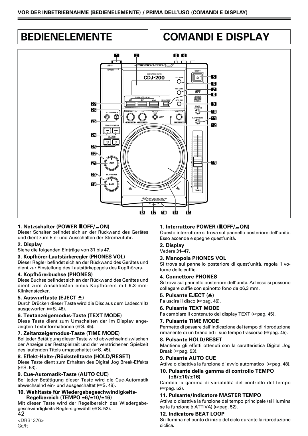 Pioneer CDJ-200 manual Bedienelemente, Comandi E Display, Netzschalter POWER —OFF/_ON, Interruttore POWER —OFF/_ON 