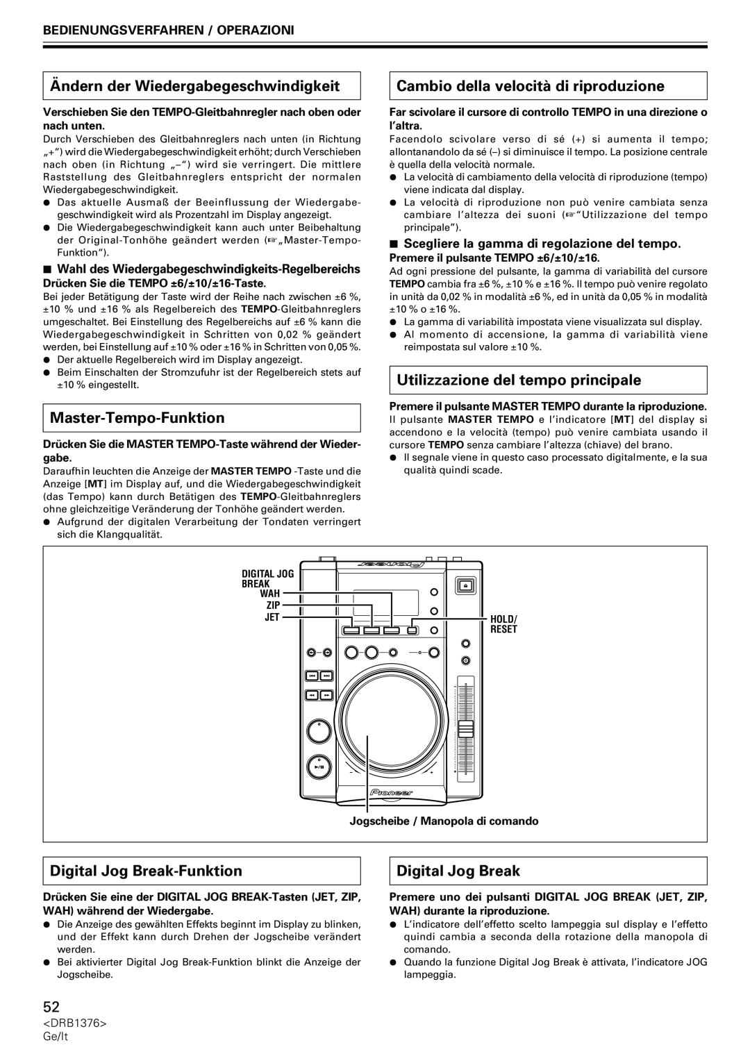 Pioneer CDJ-200 manual Ändern der Wiedergabegeschwindigkeit, Cambio della velocità di riproduzione, Master-Tempo-Funktion 