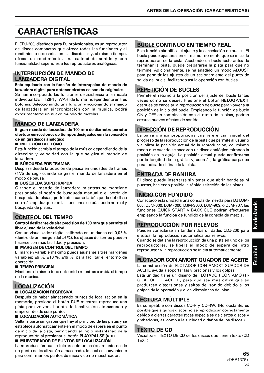 Pioneer CDJ-200 manual Características, Interrupción De Mando De Lanzadera Digital, Mando Delanzadera, Control Del Tempo 