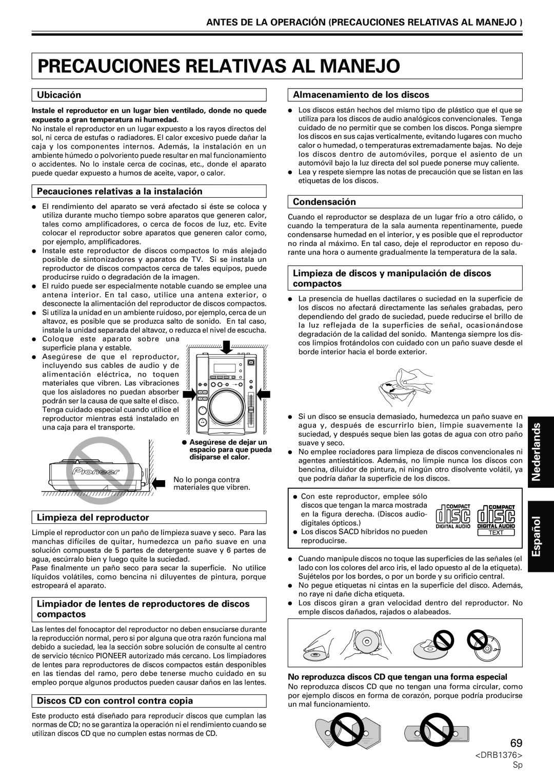 Pioneer CDJ-200 manual Precauciones Relativas Al Manejo, Nederlands, Ubicación, Pecauciones relativas a la instalación 
