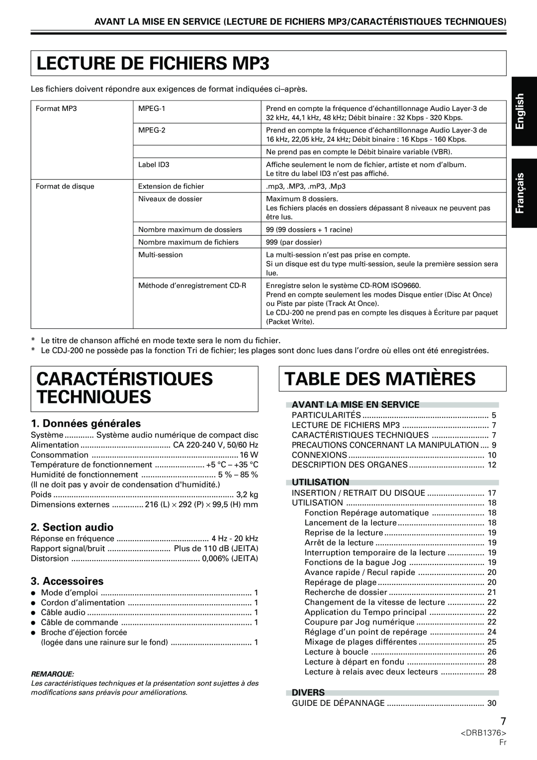 Pioneer CDJ-200 manual LECTURE DE FICHIERS MP3, Caractéristiques Techniques, Table Des Matières, Section audio, Accessoires 
