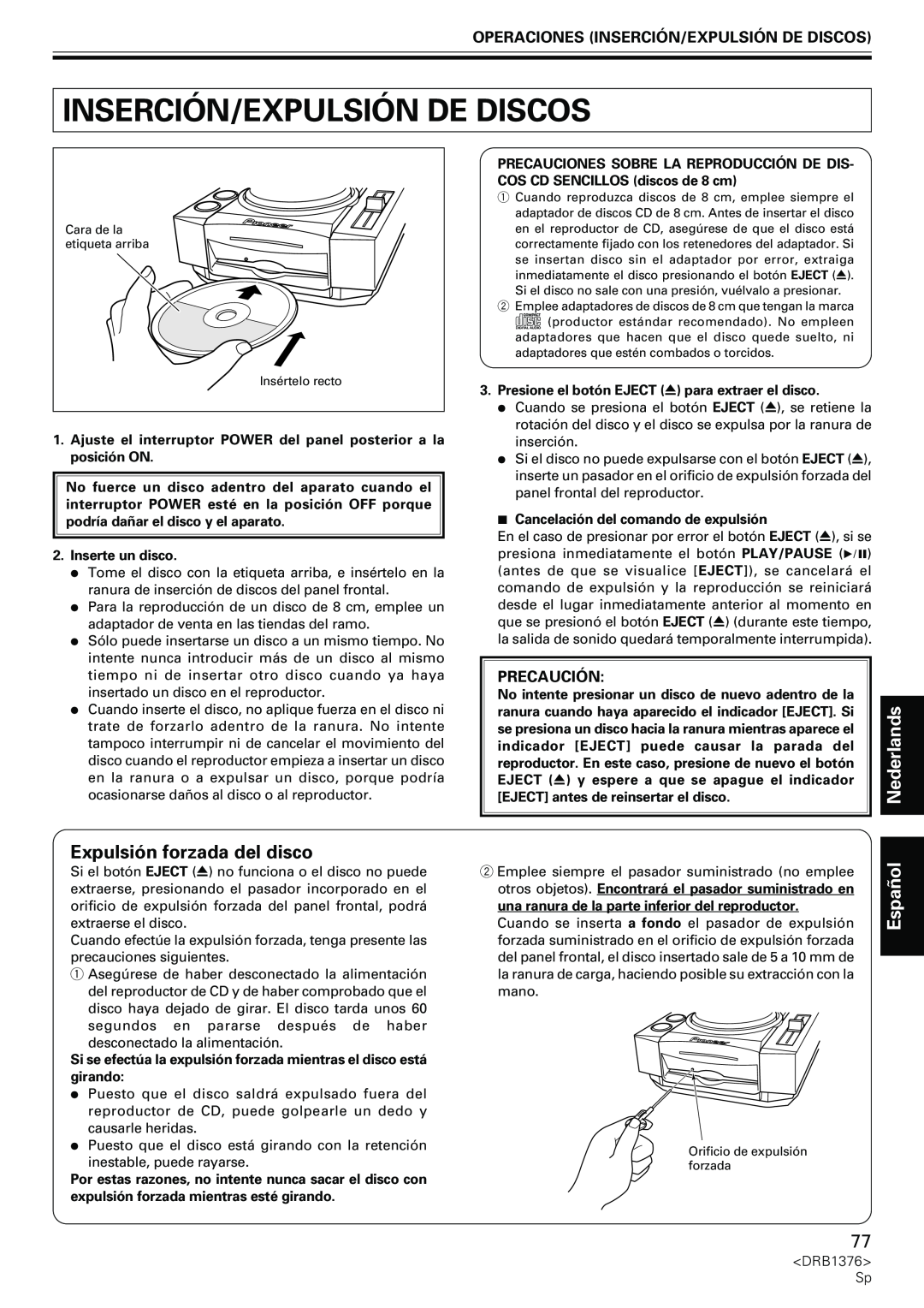 Pioneer CDJ-200 manual Expulsión forzada del disco, Operaciones Inserción/Expulsión De Discos, Precaución, Español 