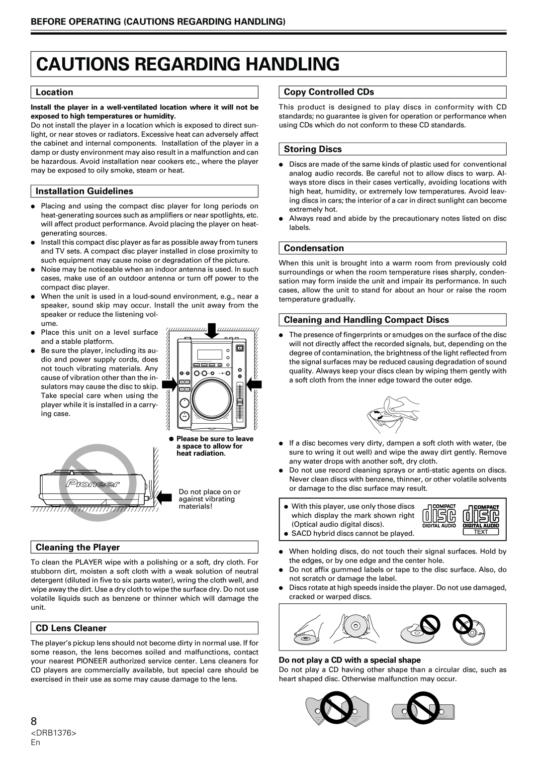 Pioneer CDJ-200 Before Operating Cautions Regarding Handling, Location, Installation Guidelines, Cleaning the Player 