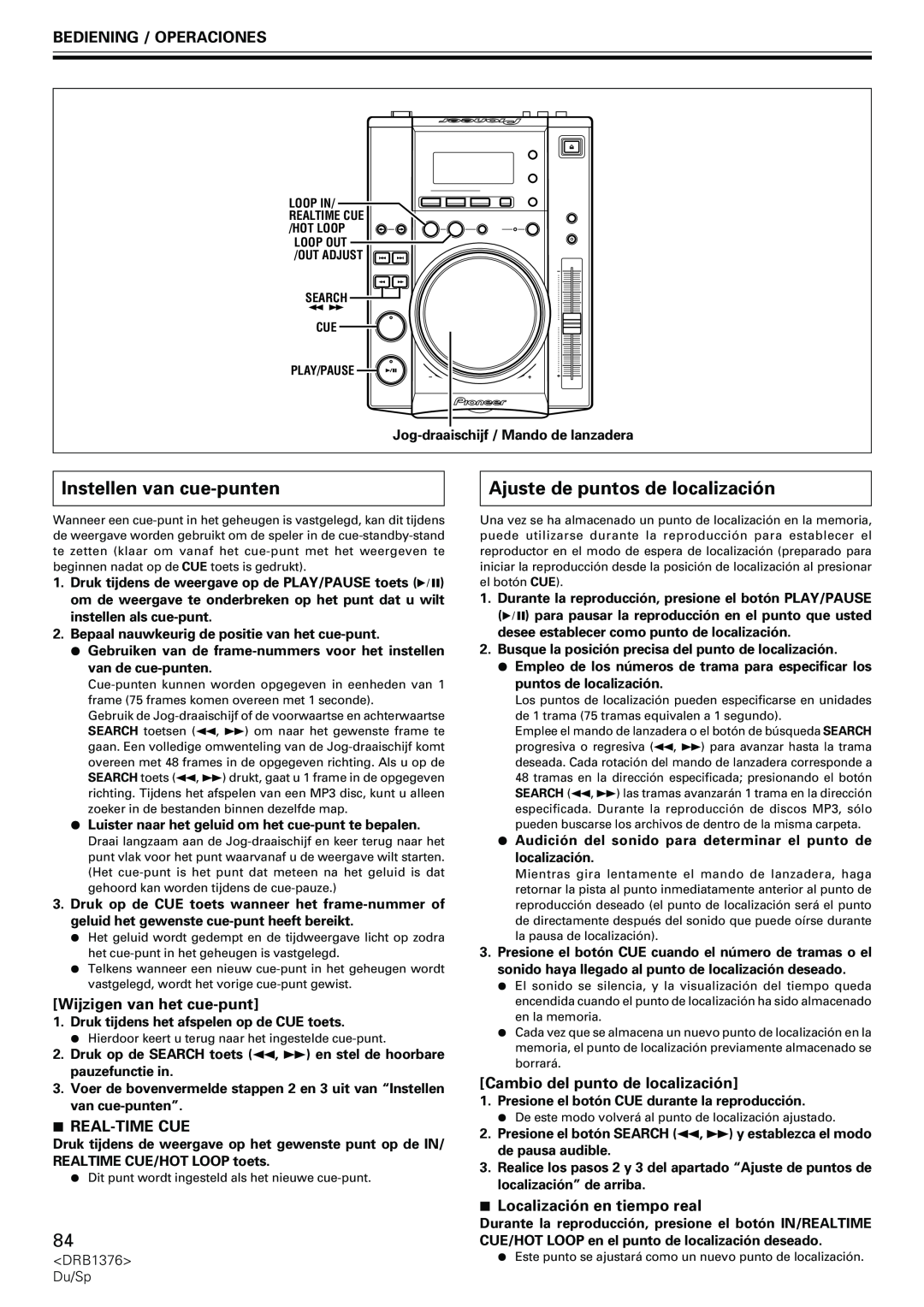Pioneer CDJ-200 manual Instellen van cue-punten, Ajuste de puntos de localización, Wijzigen van het cue-punt, 7REAL-TIMECUE 