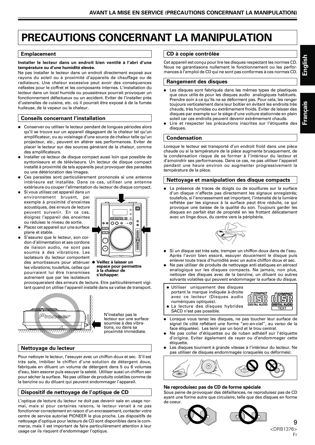 Pioneer CDJ-200 manual Precautions Concernant La Manipulation, Français, Emplacement, Conseils concernant l’installation 
