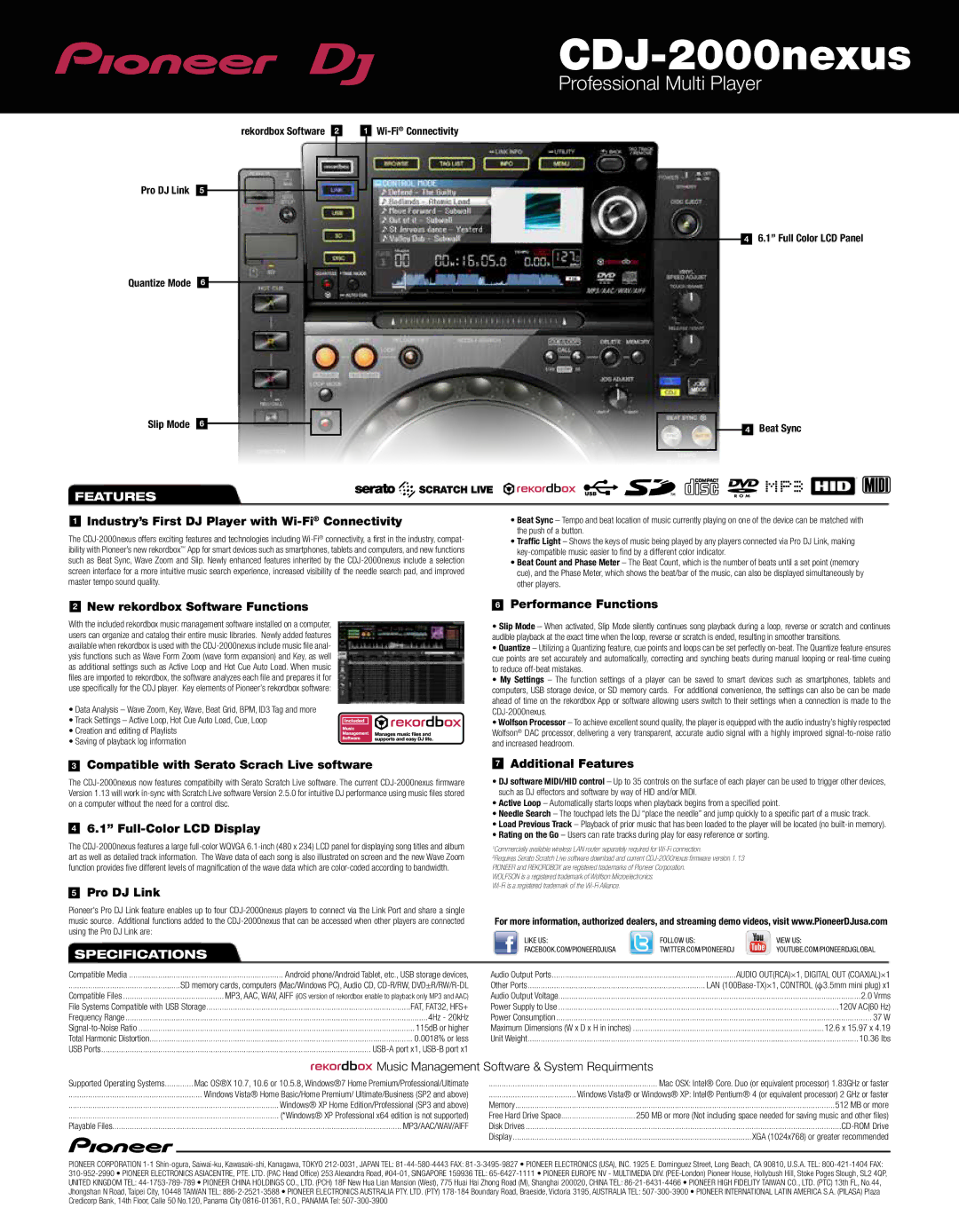 Pioneer CDJ-2000nexus manual Features, Specifications 