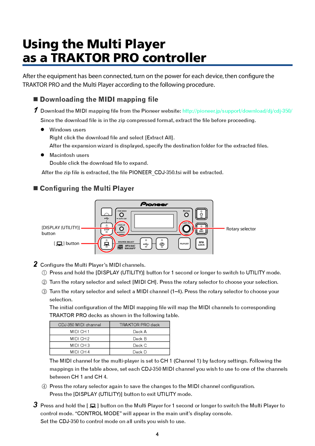 Pioneer CDJ-350 manual Using the Multi Player As a Traktor PRO controller,  Downloading the Midi mapping file 