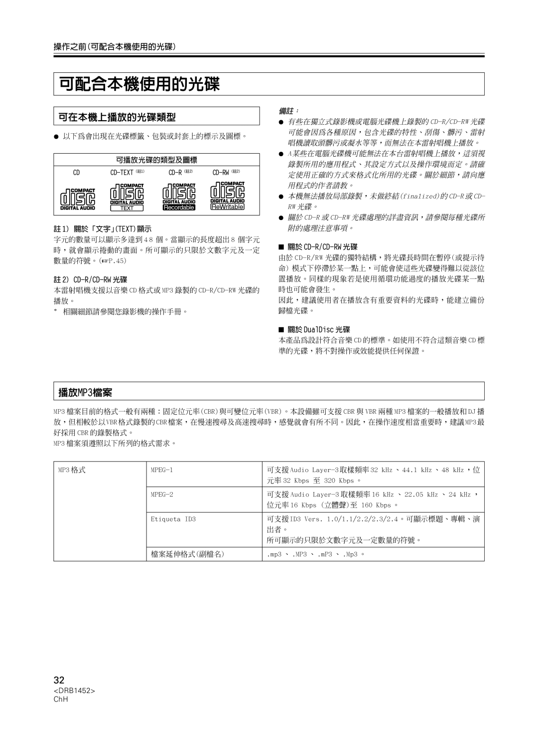 Pioneer CDJ-400 manual 可在本機上播放的光碟類型, 播放MP3檔案, 操作之前可配合本機使用的光碟, 可播放光碟的類型及圖標, 關於「文字」Text顯示 