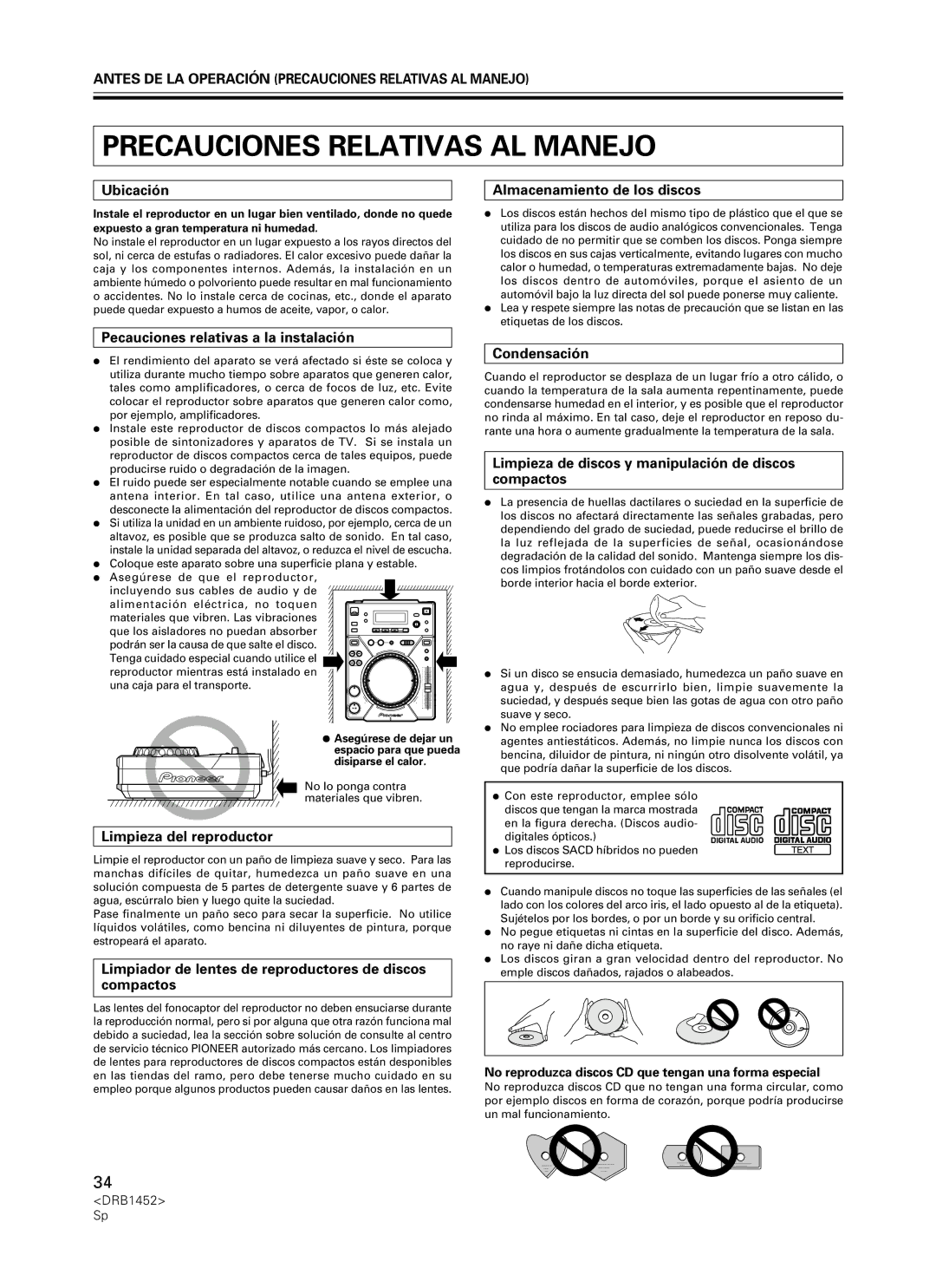 Pioneer CDJ-400 manual Antes DE LA Operación Precauciones Relativas AL Manejo 