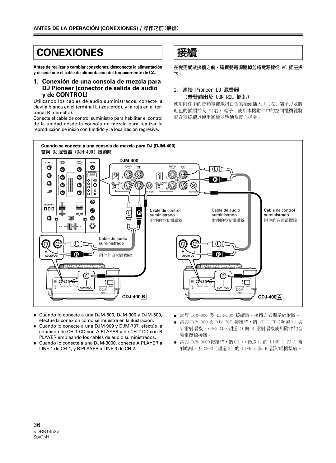 Pioneer CDJ-400 manual De Control, Antes DE LA Operación Conexiones / 操作之前接續, 連接 Pioneer DJ 混音器, （音聲輸出及 Control 插孔） 