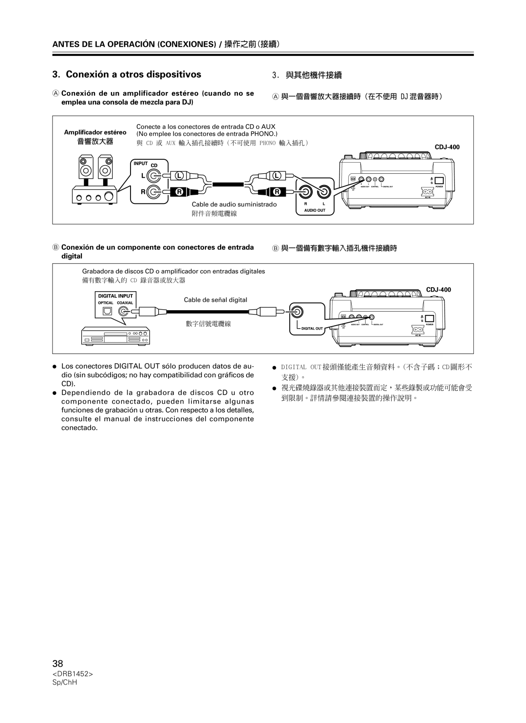 Pioneer CDJ-400 manual Conexión a otros dispositivos, 與其他機件接續, 音響放大器, 與一個備有數字輸入插孔機件接續時 