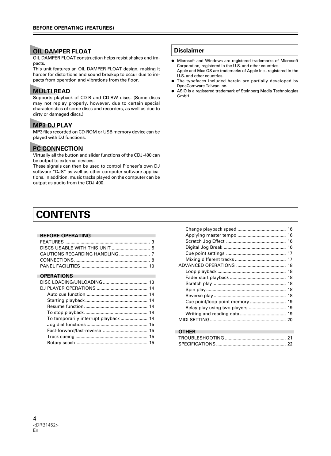 Pioneer CDJ-400 manual Contents 