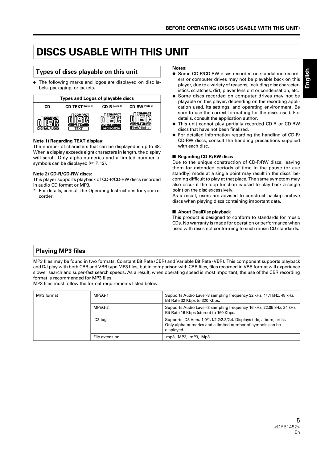 Pioneer CDJ-400 manual Discs Usable with this Unit, Types of discs playable on this unit, Playing MP3 files 