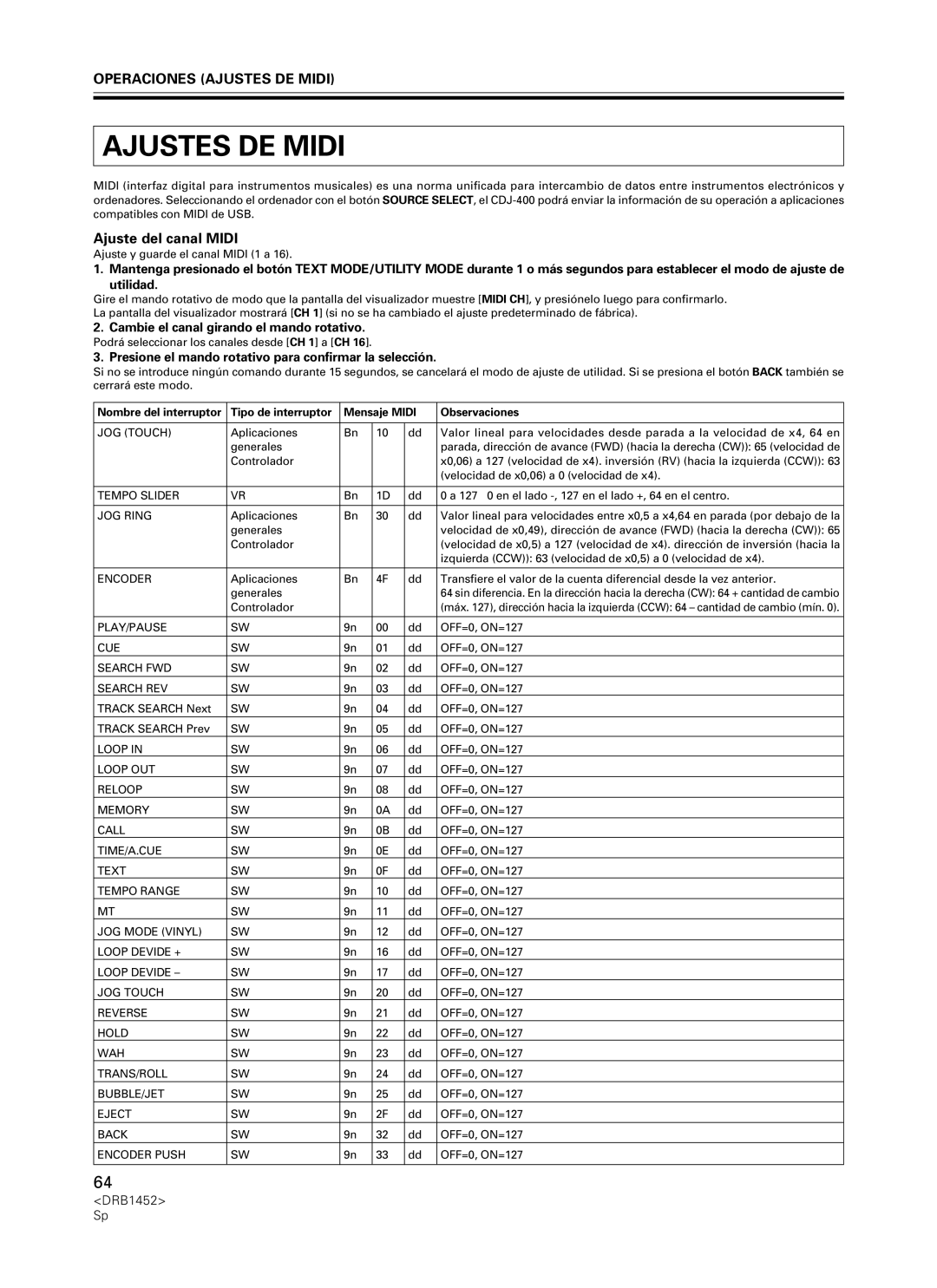 Pioneer CDJ-400 manual Operaciones Ajustes DE Midi, Ajuste del canal Midi, Cambie el canal girando el mando rotativo 