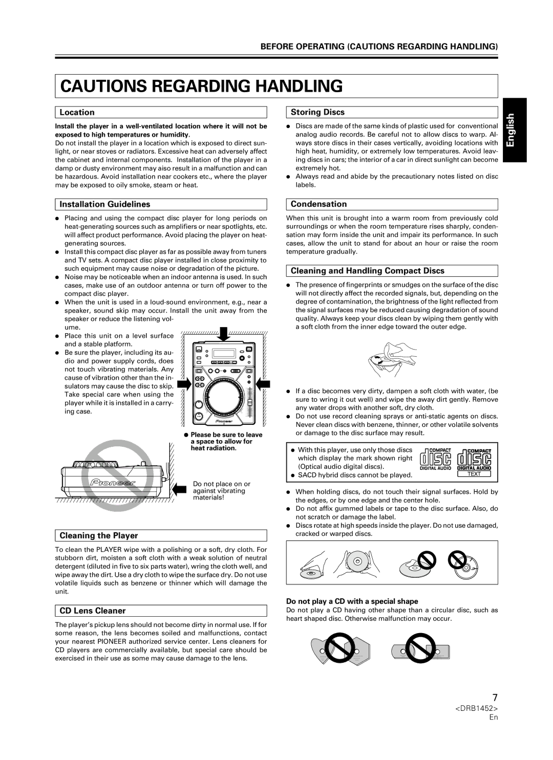 Pioneer CDJ-400 manual Before Operating Cautions Regarding Handling 