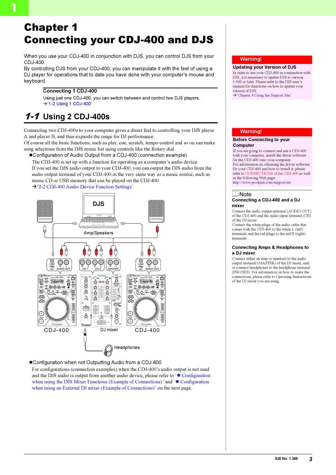 Pioneer manual Chapter Connecting your CDJ-400 and DJS, 1Using 2 CDJ-400s, Connecting 1 CDJ-400 