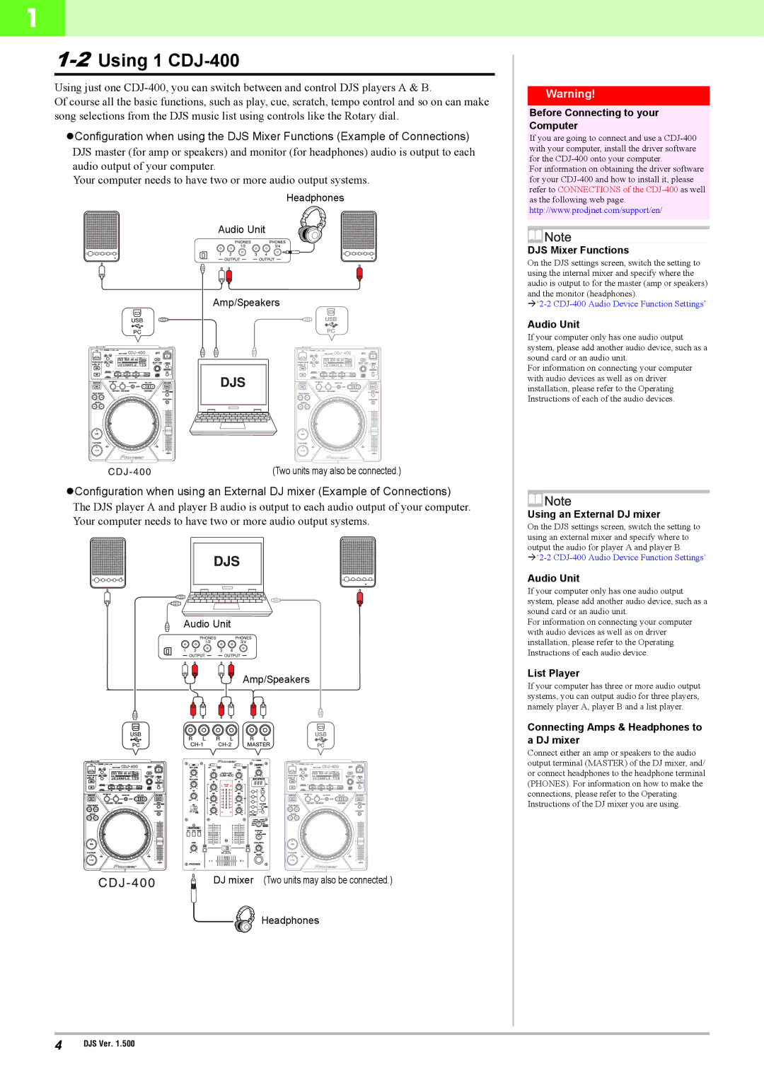 Pioneer manual 2Using 1 CDJ-400, DJS Mixer Functions, Audio Unit, Using an External DJ mixer, List Player 