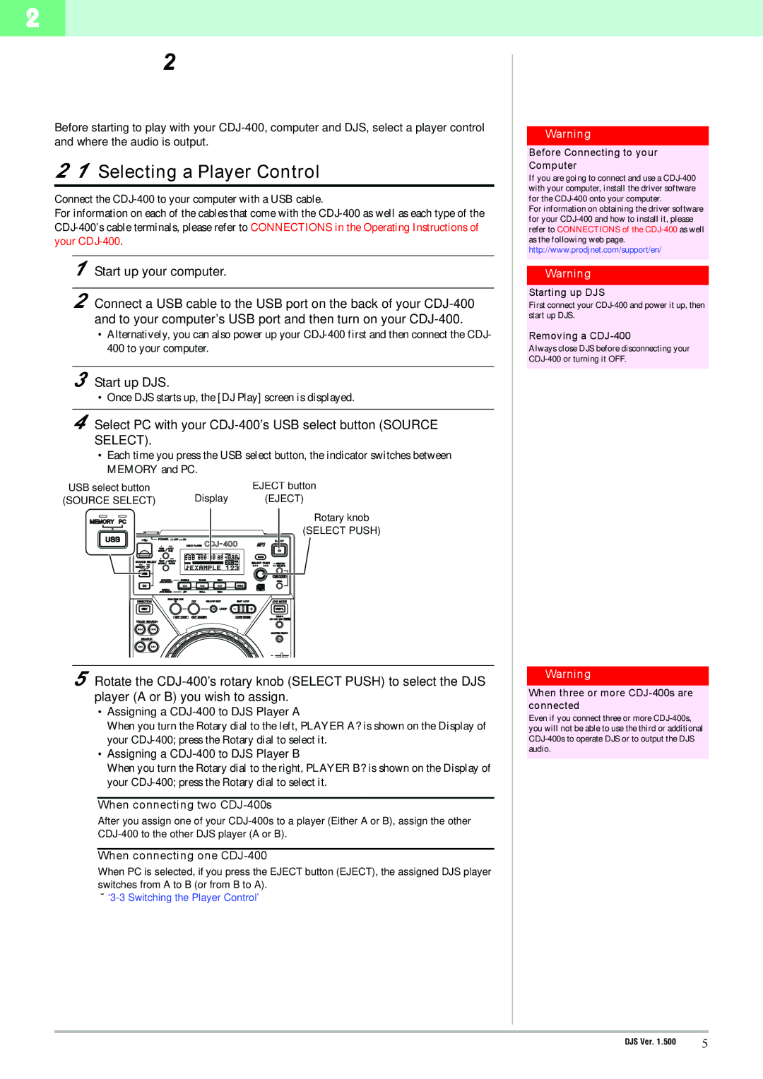 Pioneer CDJ-400 manual Chapter Precautions when Starting Up, 1Selecting a Player Control, Start up DJS 