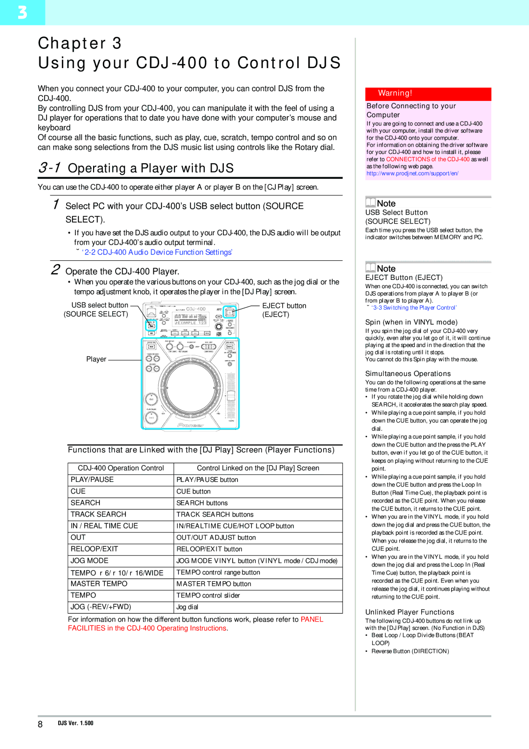 Pioneer manual Chapter Using your CDJ-400 to Control DJS, 1Operating a Player with DJS, Operate the CDJ-400 Player 