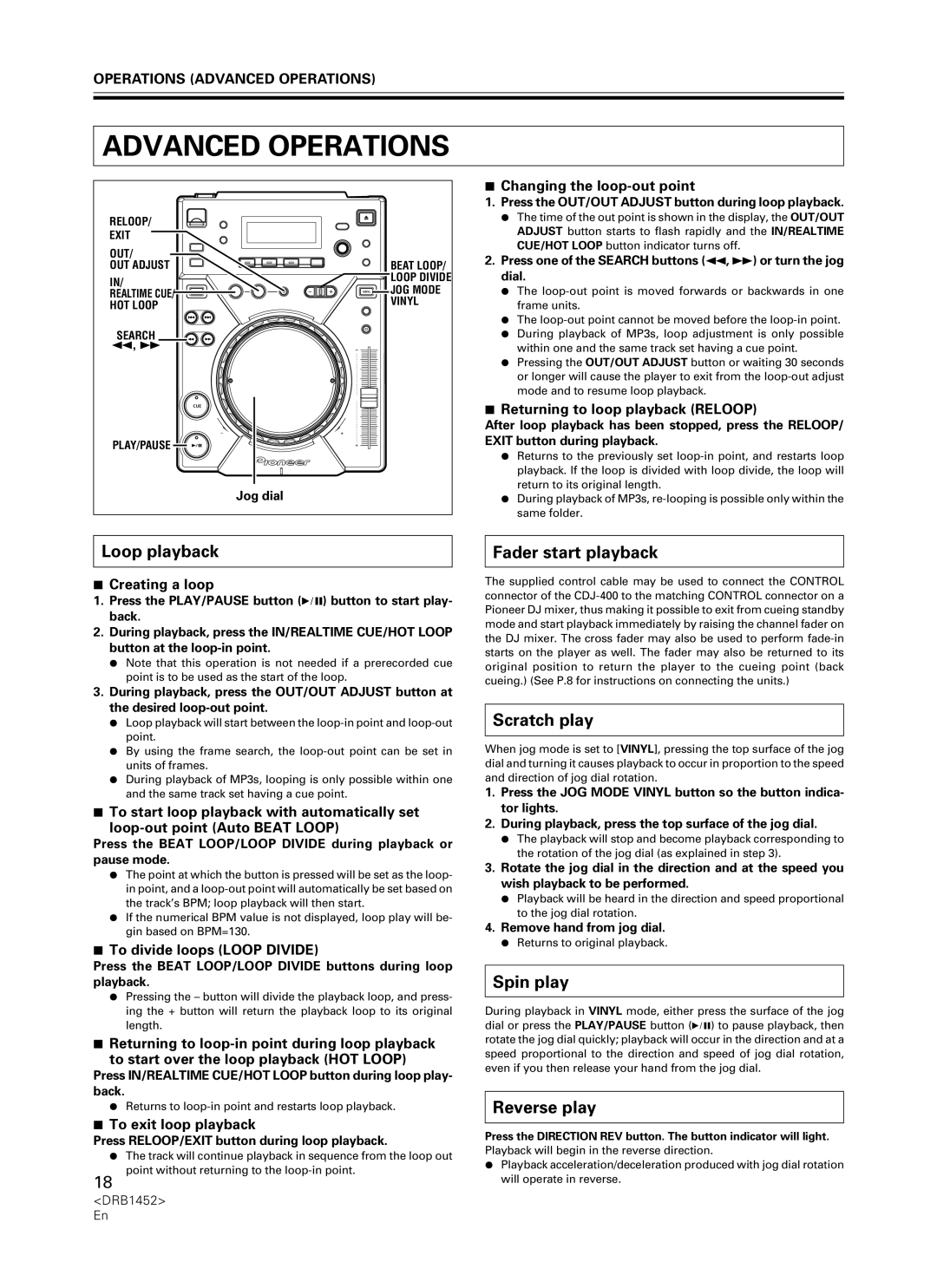 Pioneer CDJ-400 manual Advanced Operations, Loop playback, Fader start playback, Scratch play, Spin play, Reverse play 