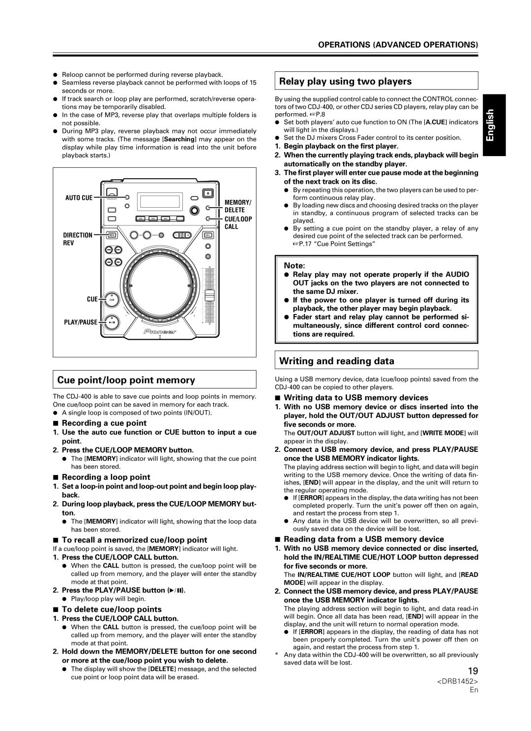 Pioneer CDJ-400 manual Relay play using two players, Writing and reading data, Cue point/loop point memory, English 