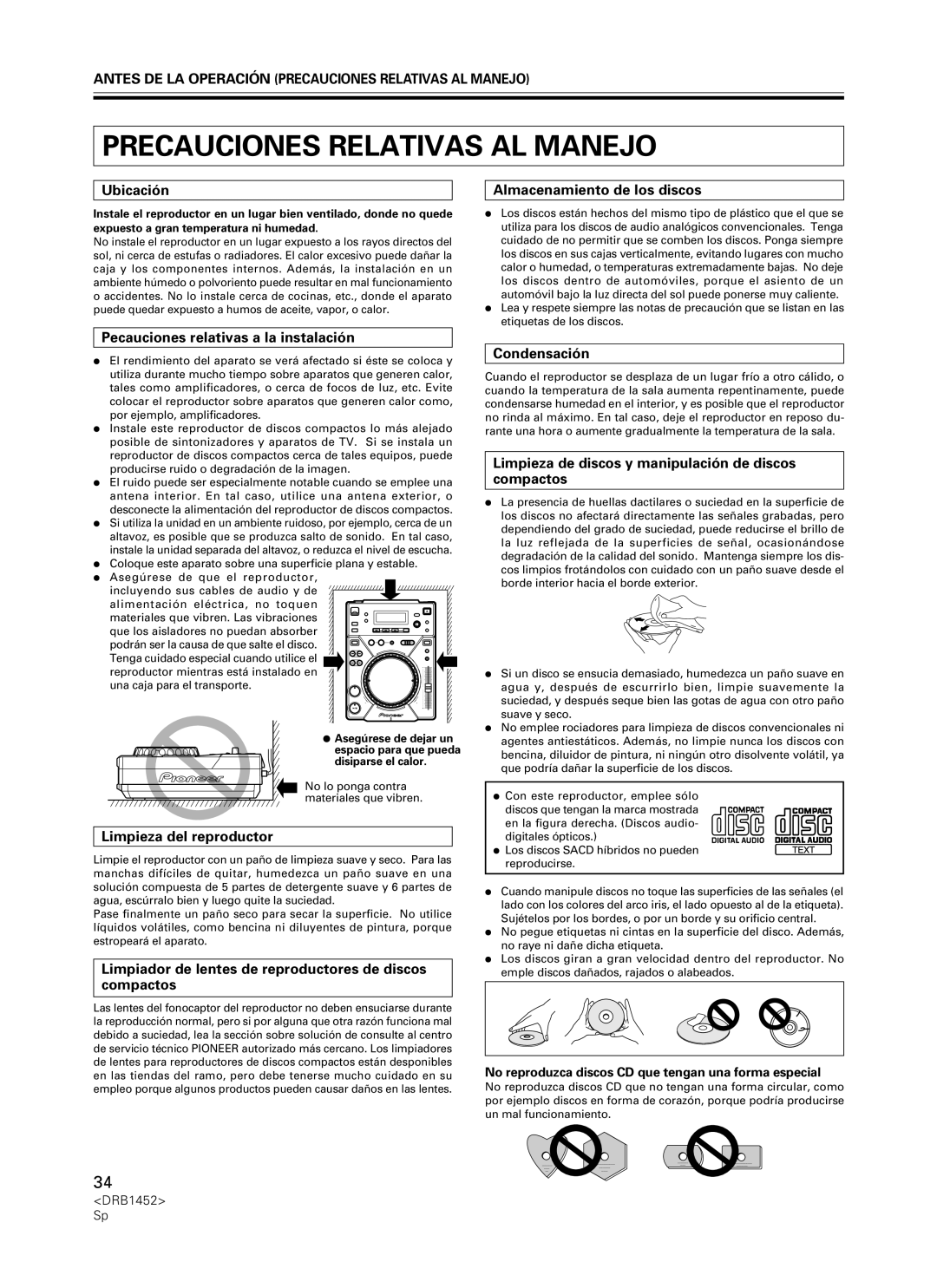 Pioneer CDJ-400 manual Precauciones Relativas Al Manejo, Ubicación, Almacenamiento de los discos, Limpieza del reproductor 