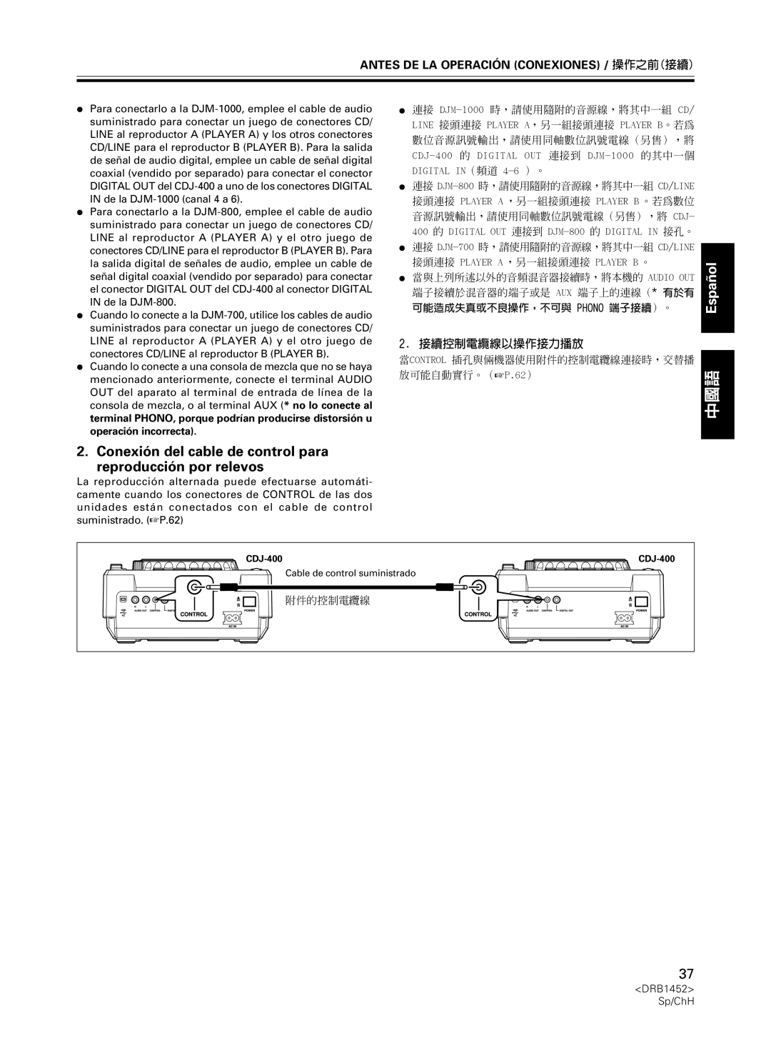 Pioneer CDJ-400 manual 2.接續控制電纜線以操作接力播放, 附件的控制電纜線, Español, Antes De La Operación Conexiones / 操作之前接續 
