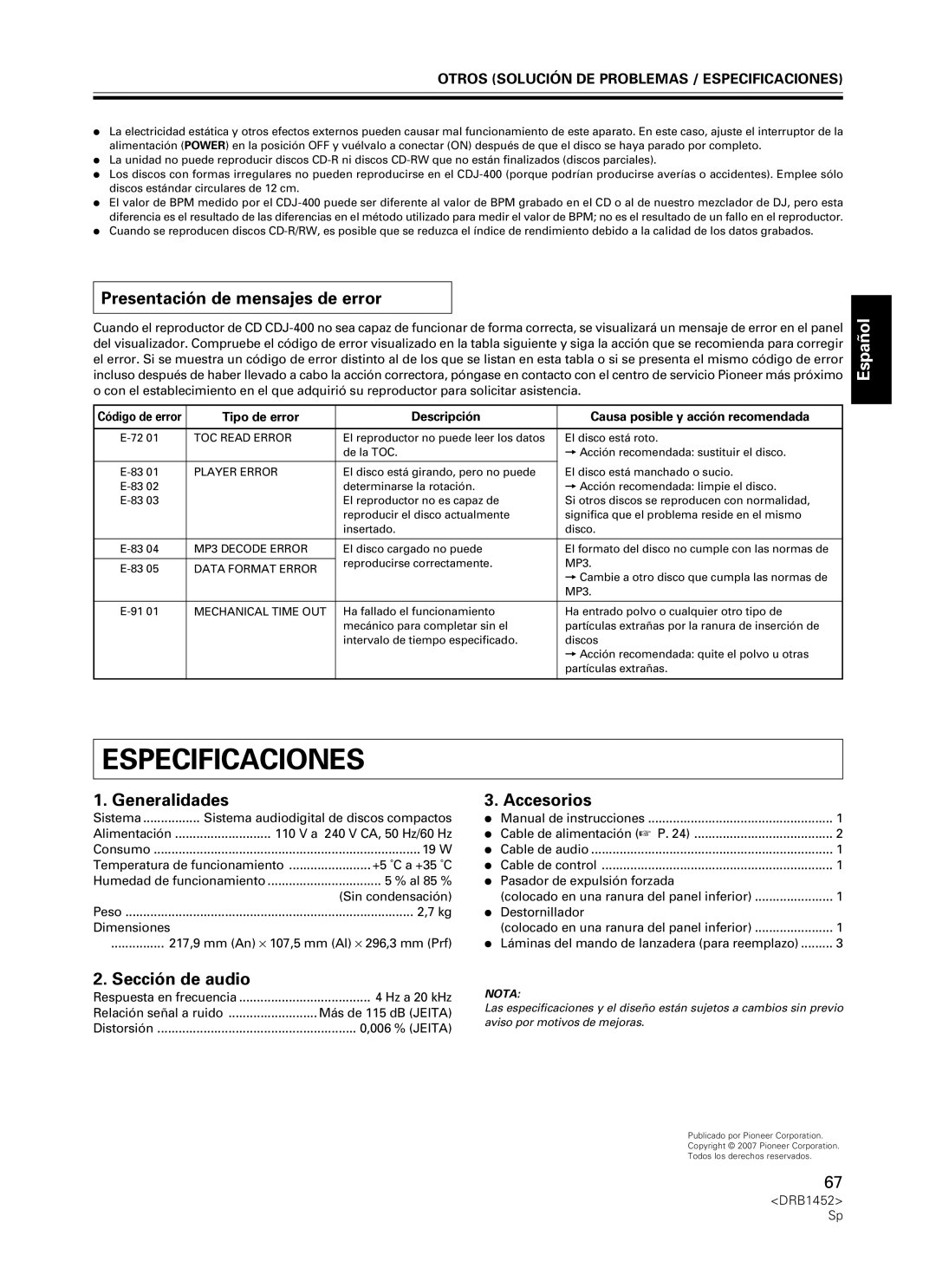 Pioneer CDJ-400 Especificaciones, Presentación de mensajes de error, Generalidades, Accesorios, Sección de audio, Español 
