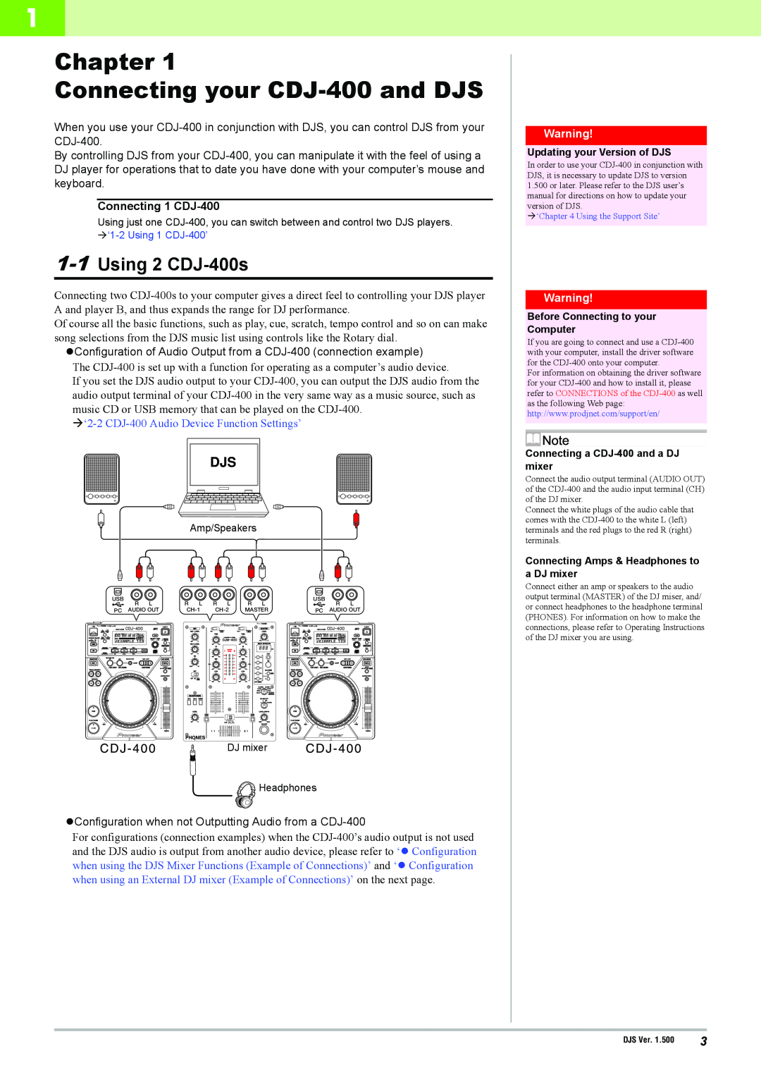 Pioneer manual Chapter Connecting your CDJ-400and DJS, Using 2 CDJ-400s, Connecting 1 CDJ-400, Configuration 