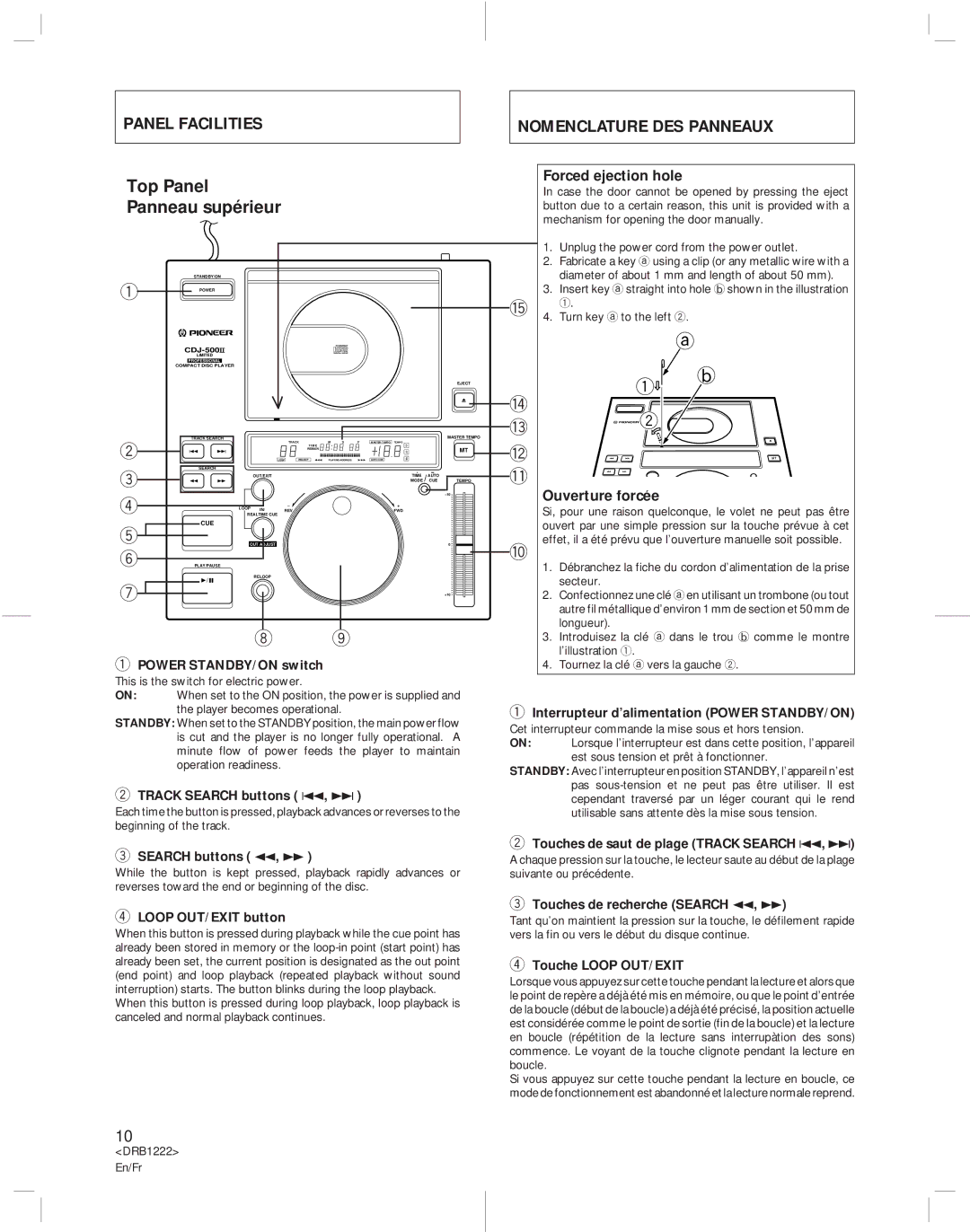 Pioneer CDJ-500II Panel Facilities, Nomenclature DES Panneaux, Forced ejection hole, Ouverture forcée 