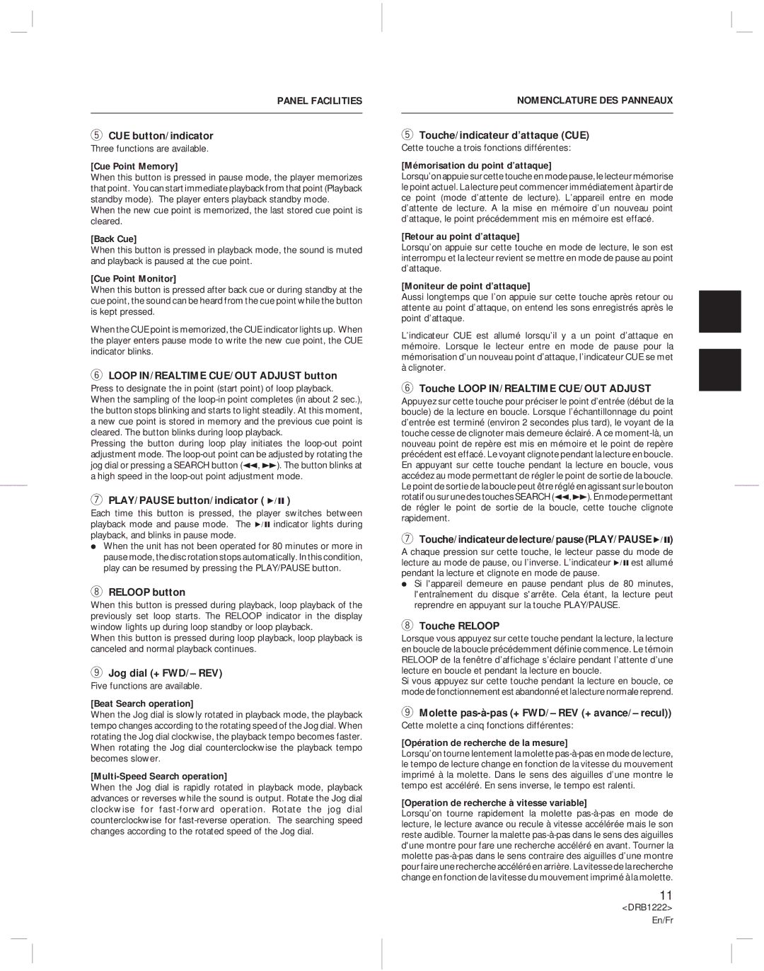 Pioneer CDJ-500II operating instructions Panel Facilities, Nomenclature DES Panneaux 