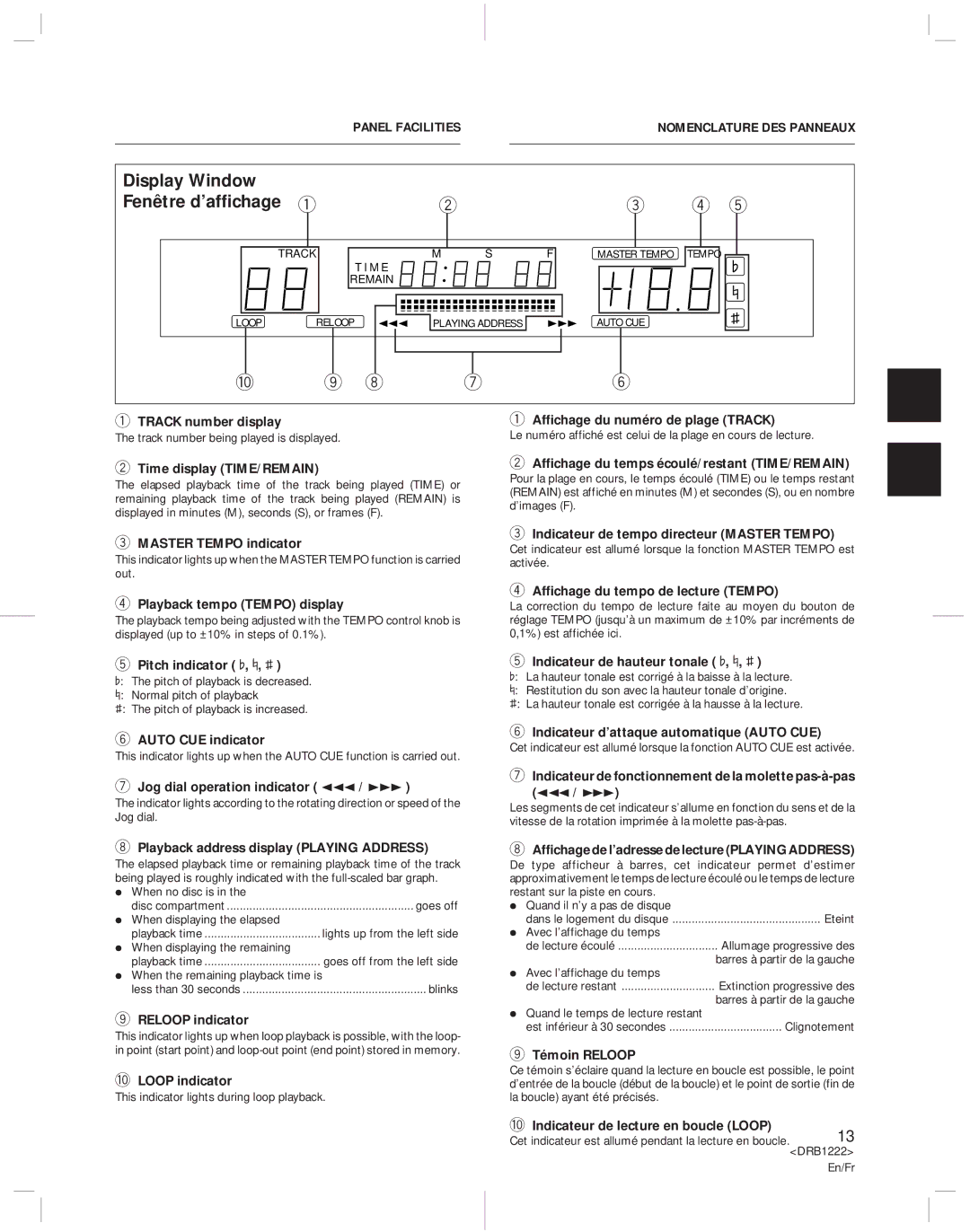 Pioneer CDJ-500II Track number display Affichage du numéro de plage Track, Time display TIME/REMAIN, Pitch indicator I, é 