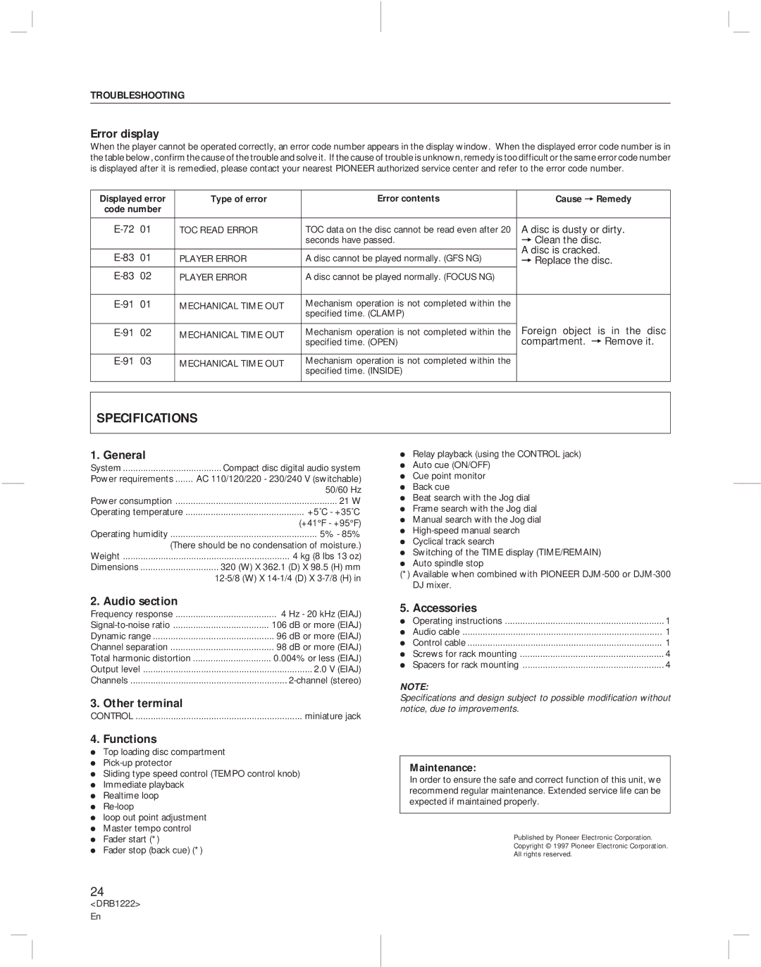 Pioneer CDJ-500II operating instructions Specifications, Troubleshooting 