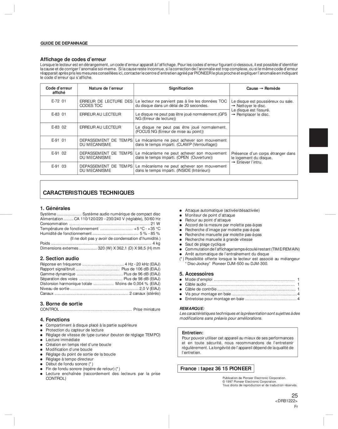 Pioneer CDJ-500II operating instructions Caracteristiques Techniques, Guide DE Depannage 