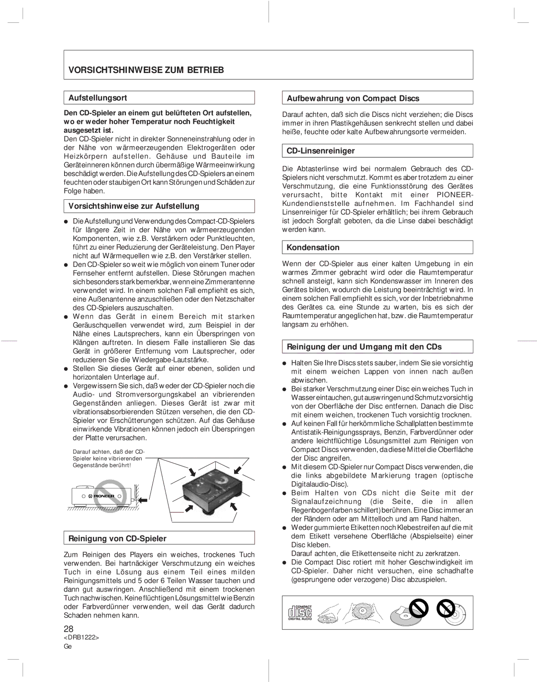 Pioneer CDJ-500II operating instructions Vorsichtshinweise ZUM Betrieb 