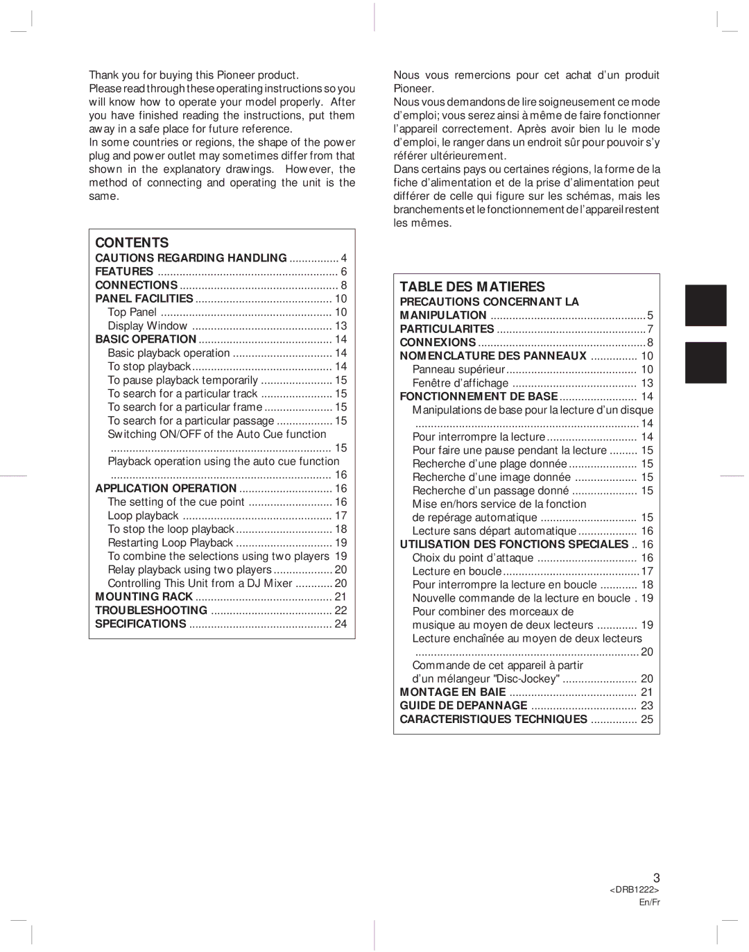 Pioneer CDJ-500II operating instructions Contents 