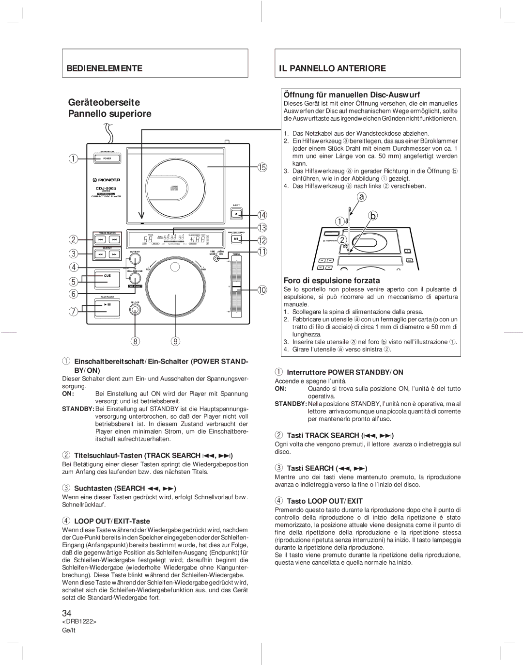 Pioneer CDJ-500II Bedienelemente IL Pannello Anteriore, Öffnung für manuellen Disc-Auswurf, Foro di espulsione forzata 