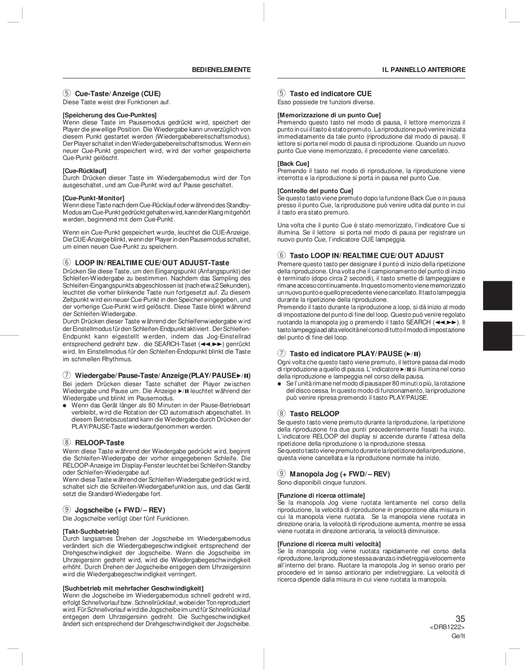 Pioneer CDJ-500II operating instructions Bedienelemente, IL Pannello Anteriore 