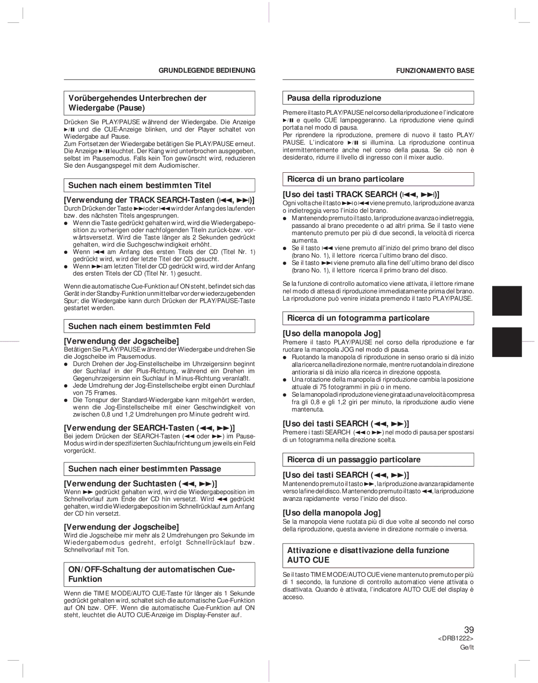 Pioneer CDJ-500II operating instructions Grundlegende Bedienung, Funzionamento Base, Auto CUE 