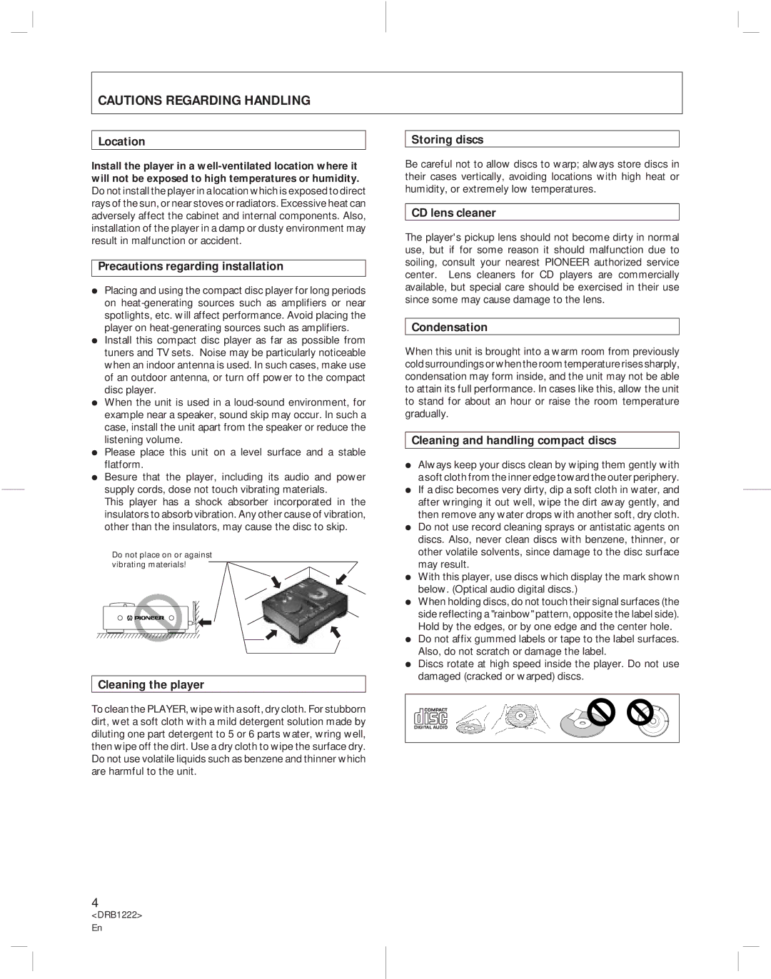 Pioneer CDJ-500II Location, Precautions regarding installation, Cleaning the player, Storing discs, CD lens cleaner 