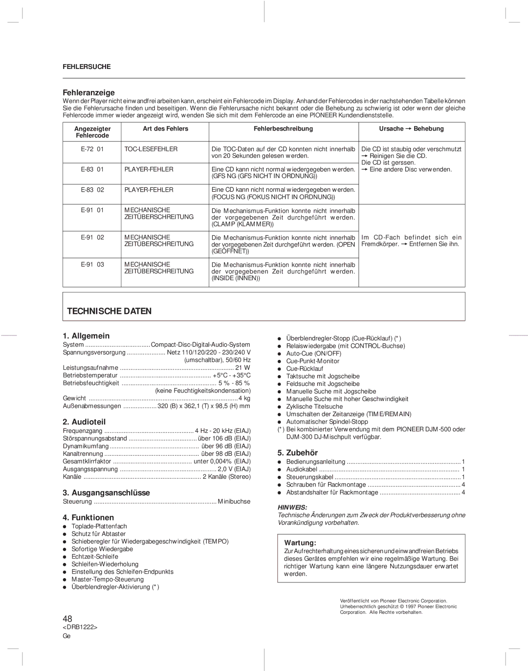 Pioneer CDJ-500II operating instructions Technische Daten, Fehlersuche 