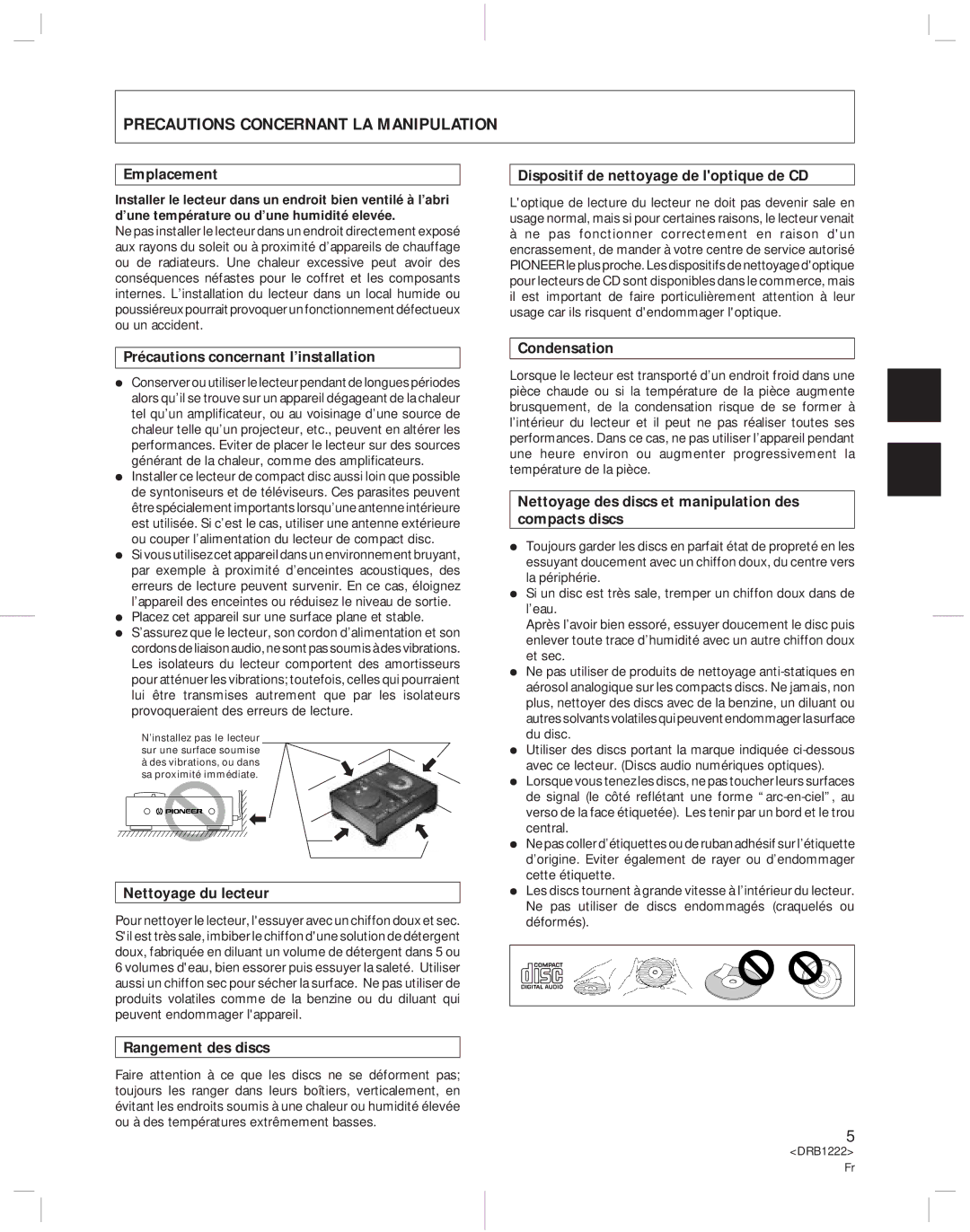 Pioneer CDJ-500II operating instructions Precautions Concernant LA Manipulation 