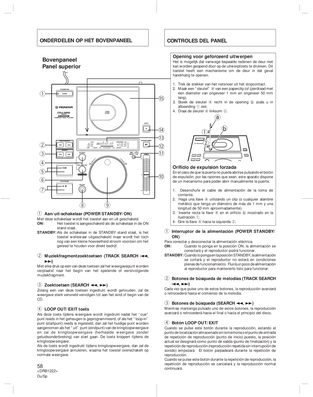 Pioneer CDJ-500II Onderdelen OP HET Bovenpaneel Controles DEL Panel, Opening voor geforceerd uitwerpen 