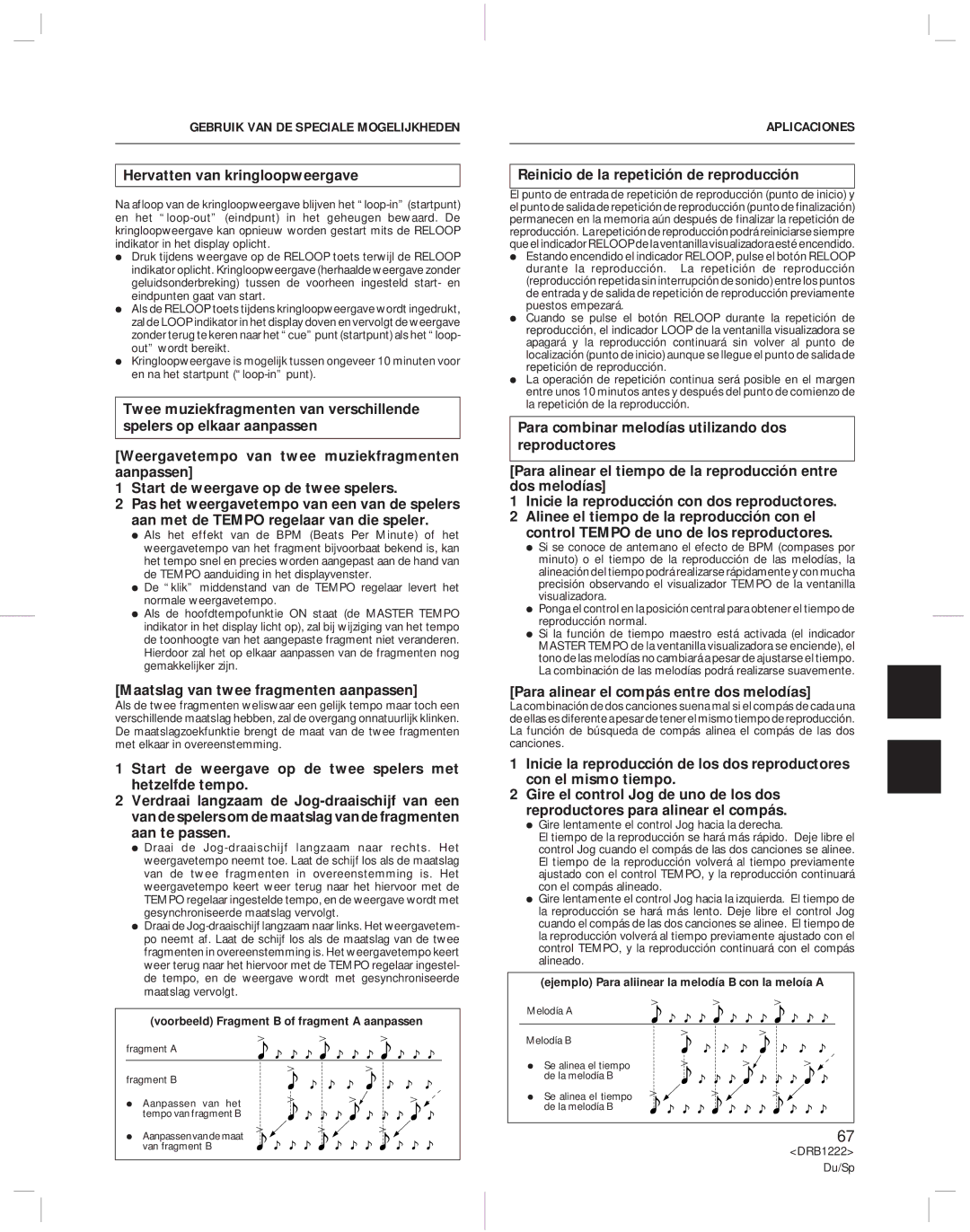 Pioneer CDJ-500II operating instructions Hervatten van kringloopweergave, Maatslag van twee fragmenten aanpassen 