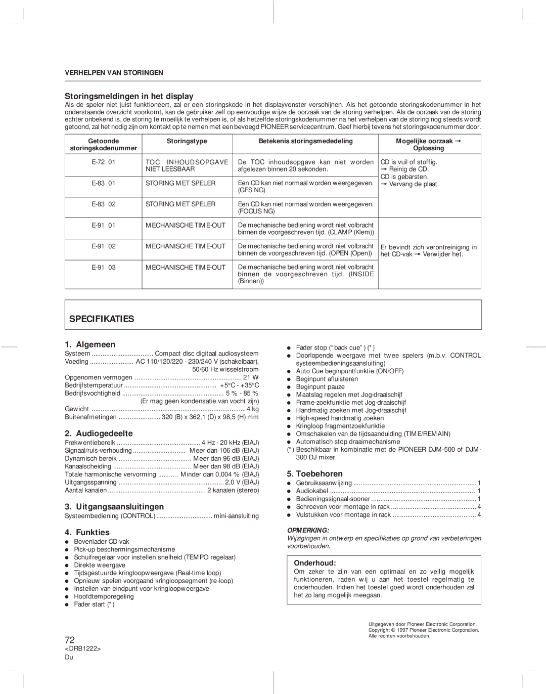 Pioneer CDJ-500II operating instructions Specifikaties, Verhelpen VAN Storingen 