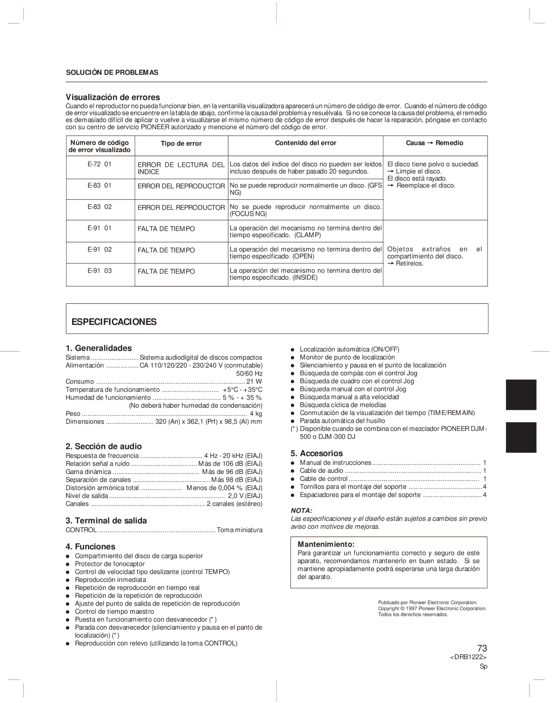 Pioneer CDJ-500II operating instructions Especificaciones, Solución DE Problemas 