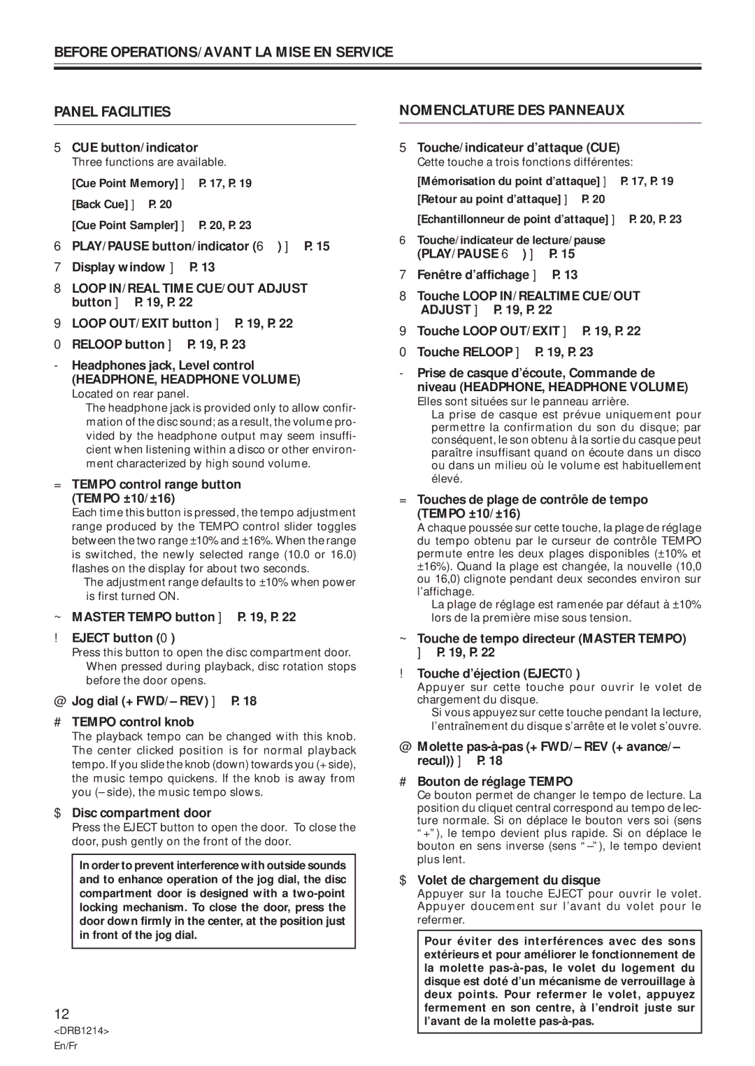 Pioneer CDJ-500S user service Before OPERATIONS/AVANT LA Mise EN Service Panel Facilities, Nomenclature DES Panneaux 