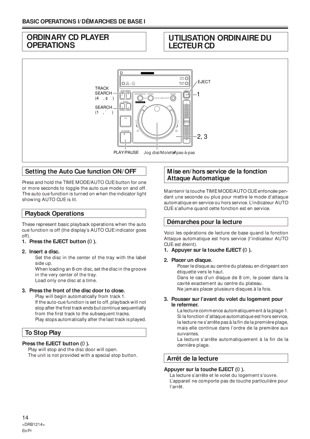 Pioneer CDJ-500S Setting the Auto Cue function ON/OFF, Playback Operations, To Stop Play, Démarches pour la lecture 